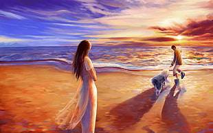 woman in white dress on blue body of water painting HD wallpaper